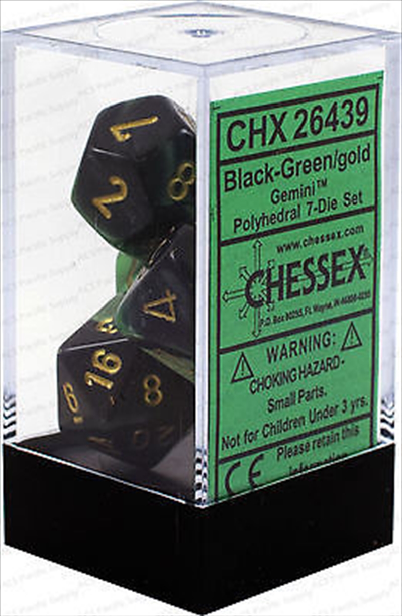 Chessex Polyhedral 7-Die Set Gemini Black-Green/Gold/Product Detail/Dice Games