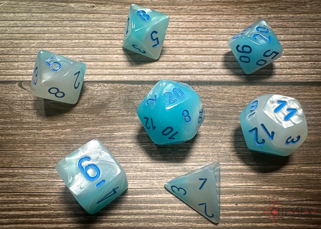 Chessex Polyhedral 7-Die Set Gemini Pearl Turquoise-White/Blue (Luminary Effect)/Product Detail/Dice Games