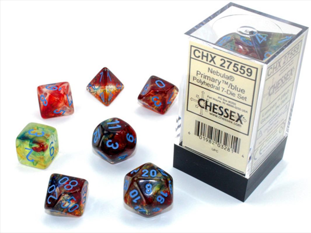 Chessex Polyhedral 7-Die Set Nebula Primary/Blue (Luminary Effect)/Product Detail/Dice Games