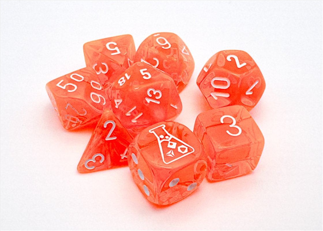 Chessex Translucent Polyhedral Neon Orange/white 7-Die Set (with bonus die) (black light reactive)/Product Detail/Dice Games