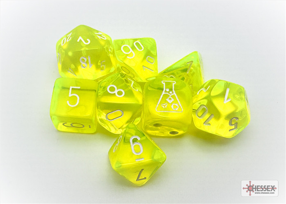 Chessex Translucent Polyhedral Neon Yellow/white 7-Die Set (with bonus die) (black light reactive)/Product Detail/Dice Games