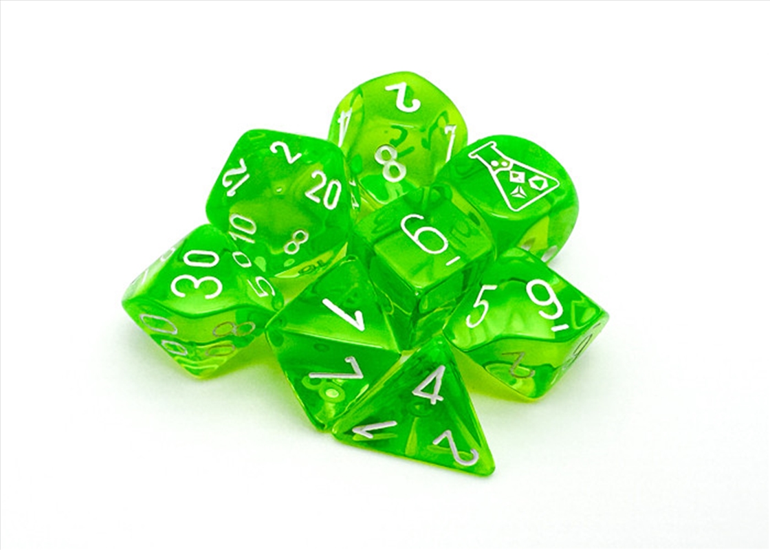 Chessex Translucent Polyhedral Rad Green/white 7-Die Set (with bonus die) (black light reactive)/Product Detail/Dice Games