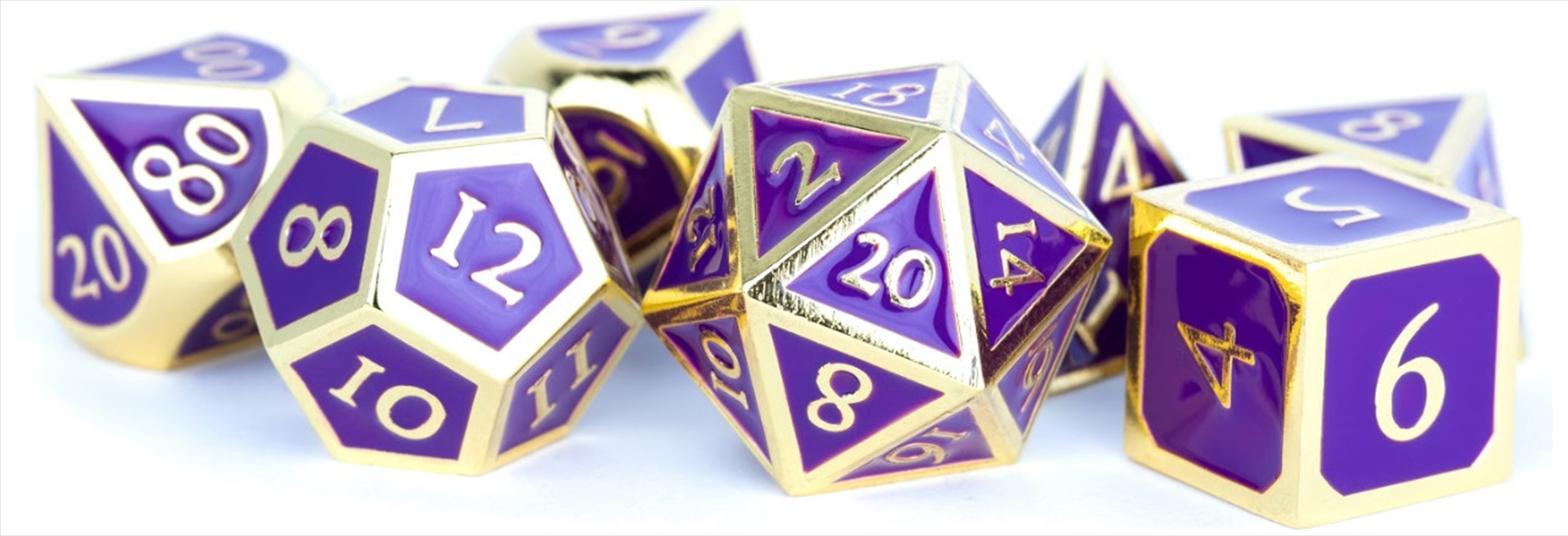 MDG 16mm Metal Polyhedral Dice Set: Gold w/ Purple Enamel/Product Detail/Dice Games