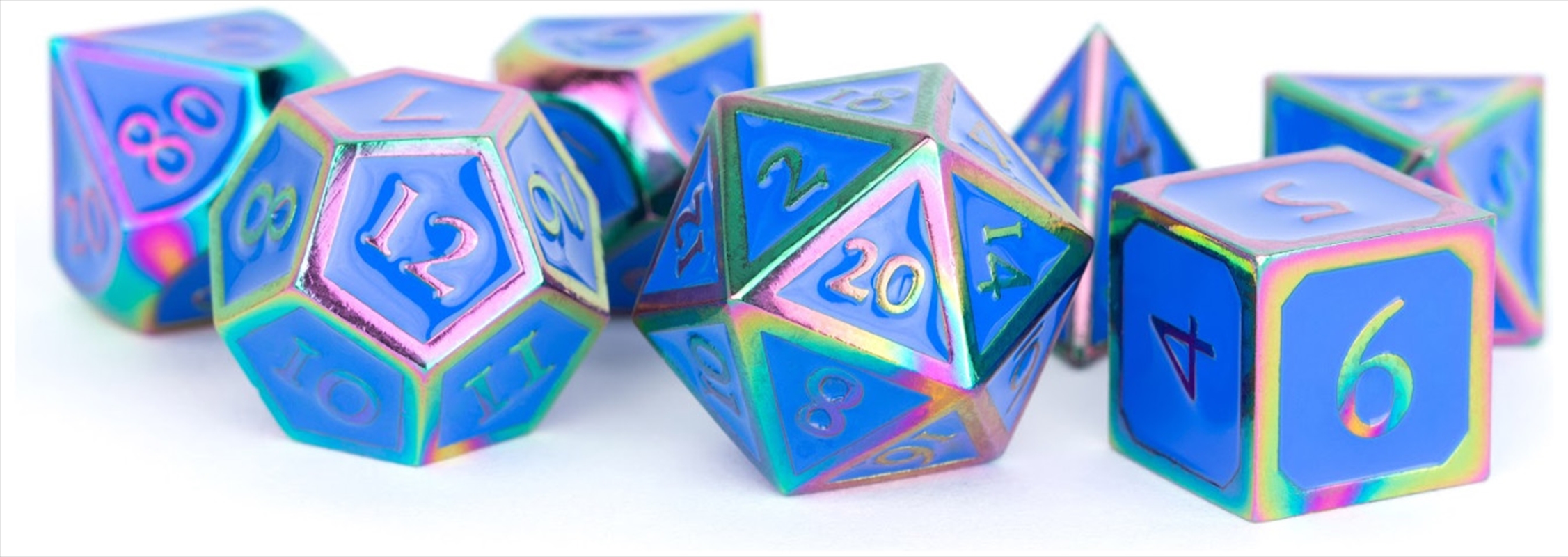 MDG 16mm Metal Polyhedral Dice Set: Rainbow w/ Blue Enamel/Product Detail/Dice Games