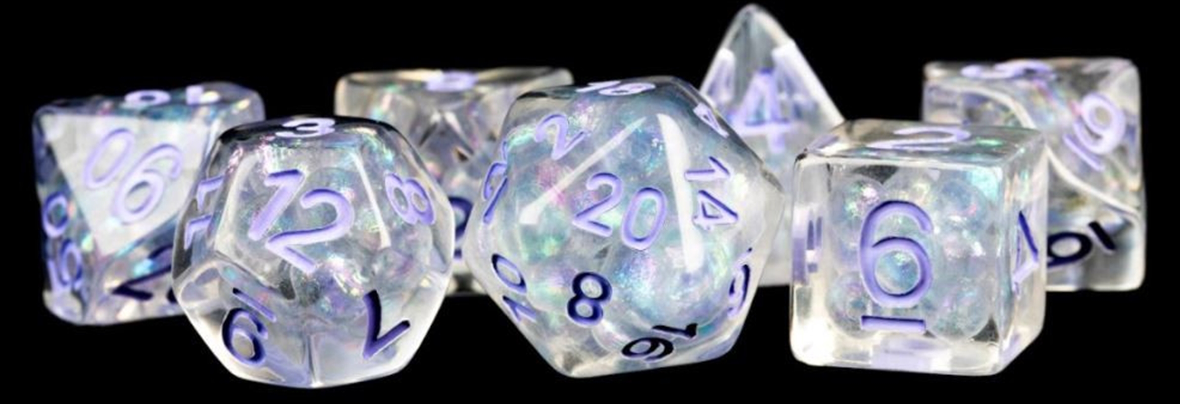 MDG 16mm Resin Polyhedral Dice Set: Pearl with Purple Numbers/Product Detail/Dice Games