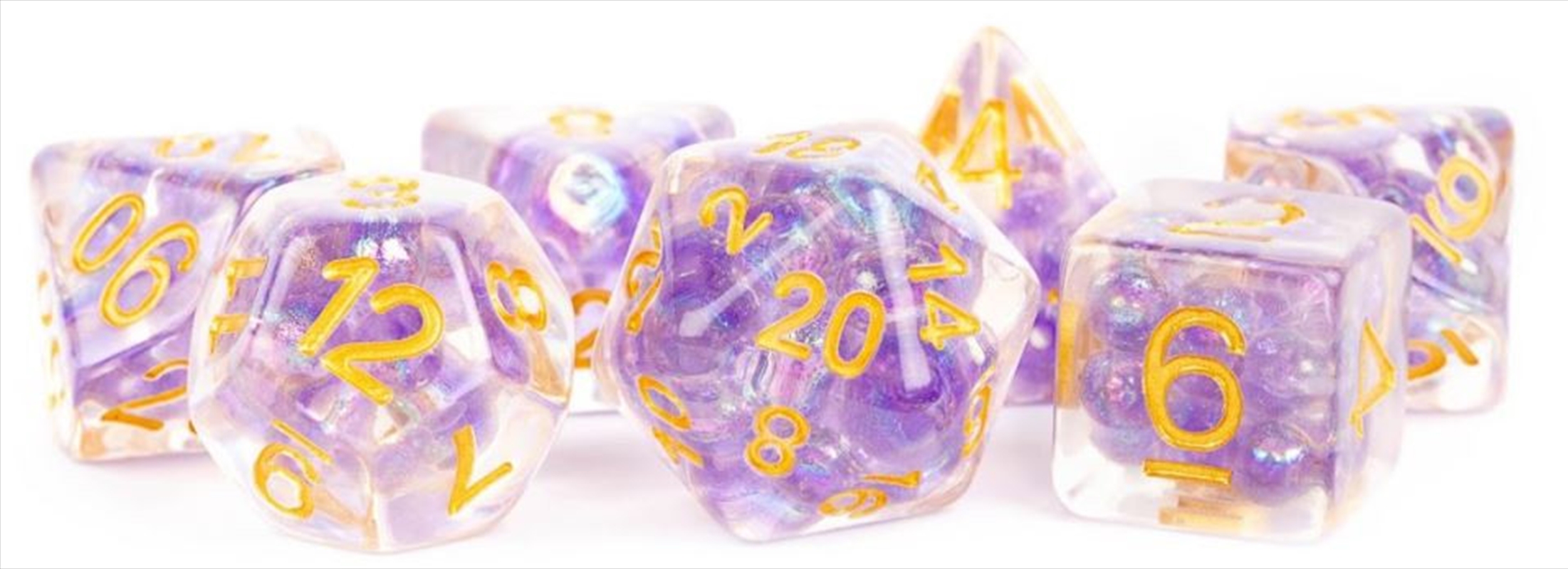 MDG 16mm Resin Polyhedral Dice Set: Pearl Purple with Gold Numbers/Product Detail/Dice Games
