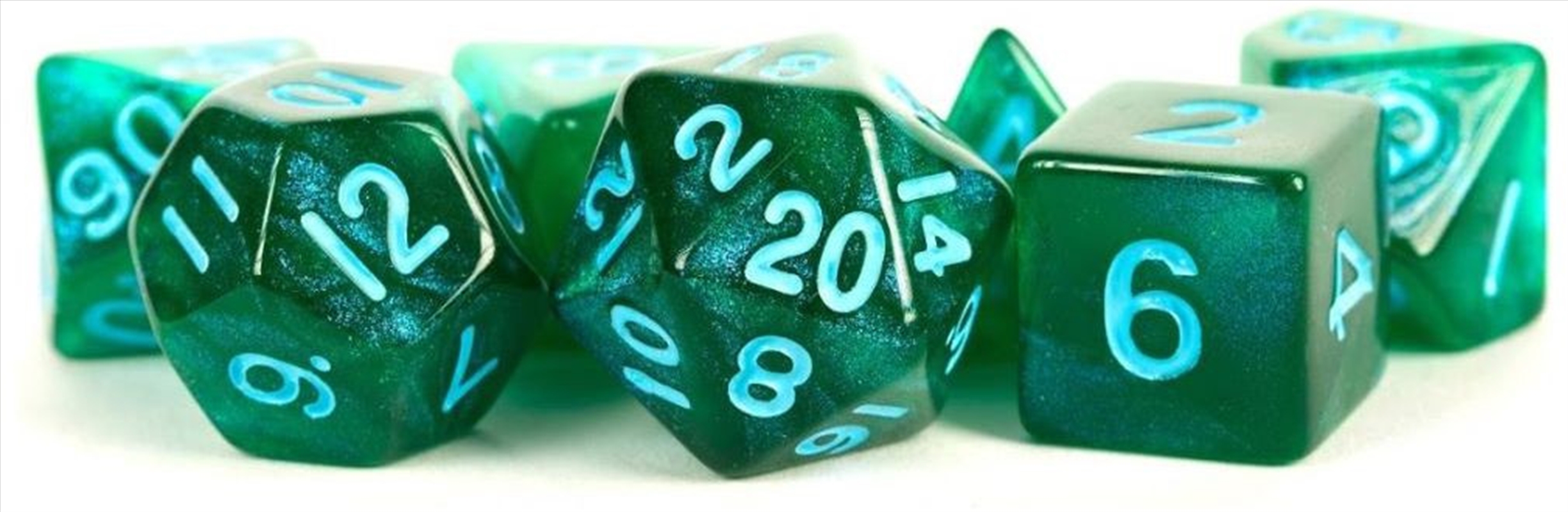 MDG 16mm Acrylic Polyhedral Dice Set: Stardust Green w/ Blue Numbers/Product Detail/Dice Games