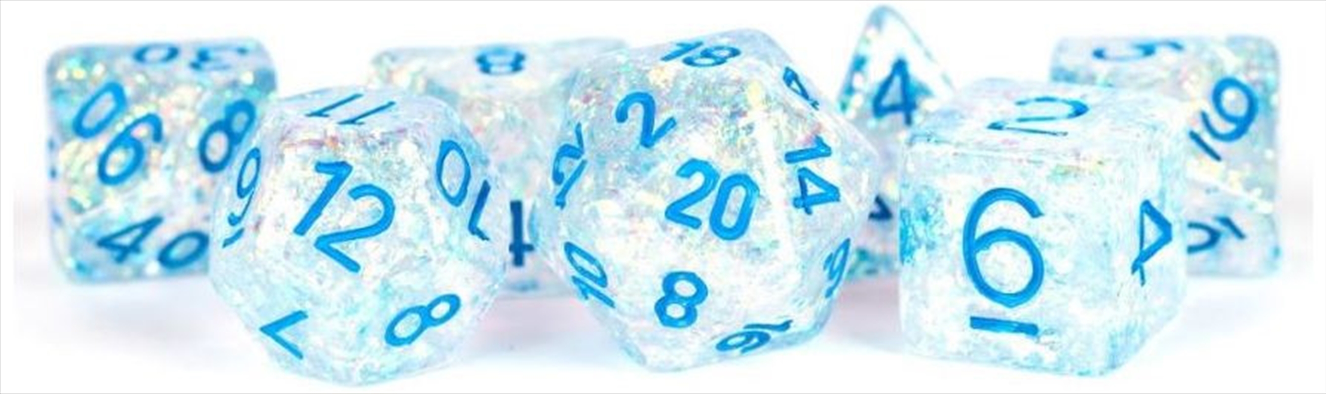 MDG 16mm Resin Polyhedral Dice Set: Flash Clear w/ Light Blue Numbers/Product Detail/Dice Games
