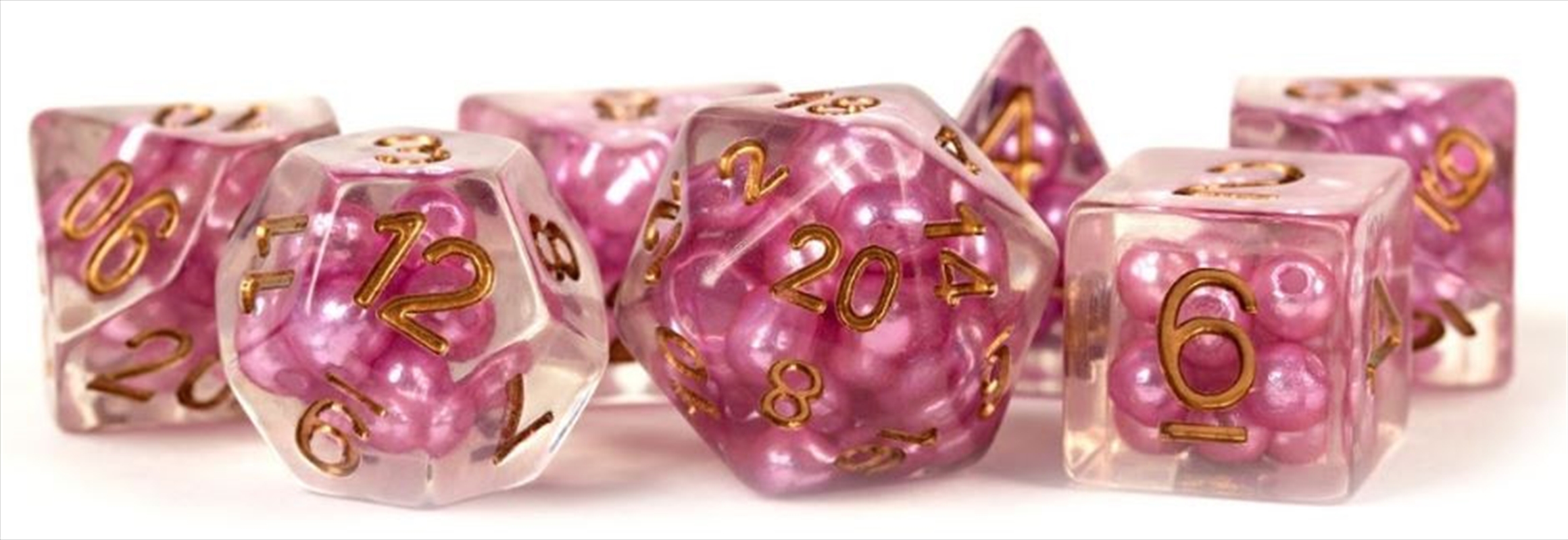 MDG 16mm Resin Polyhedral Dice Set: Pearl Pink w/ Copper Numbers/Product Detail/Dice Games