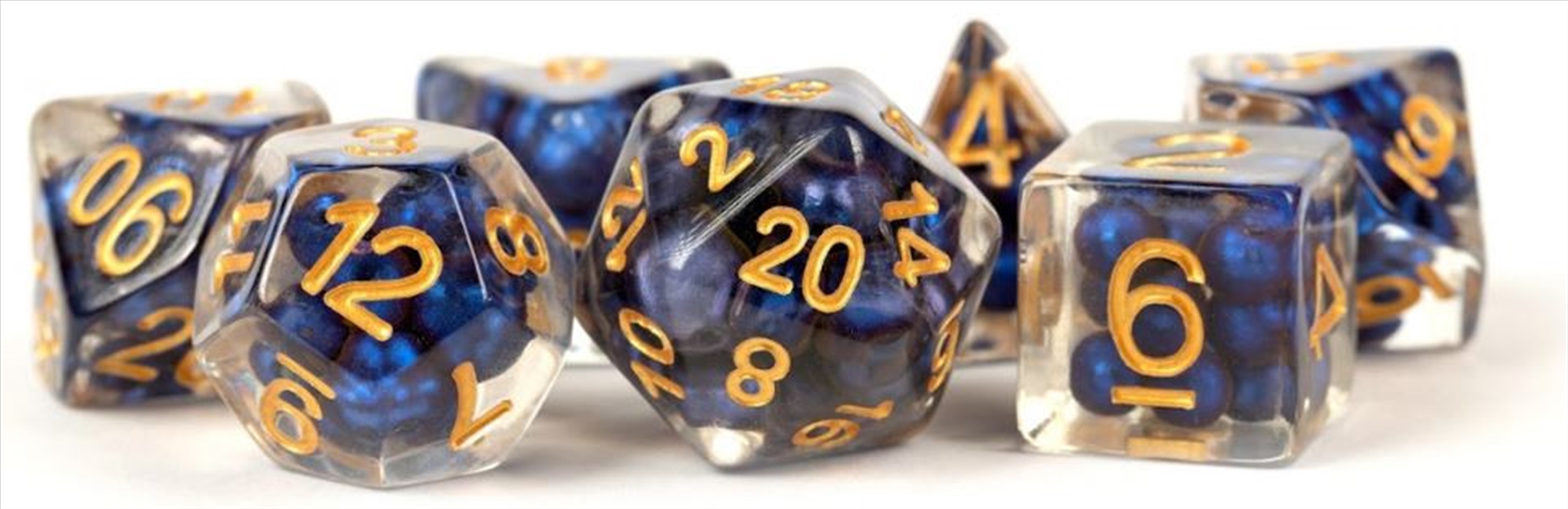 MDG 16mm Resin Polyhedral Dice Set: Pearl Royal Blue w/ Gold Numbers/Product Detail/Dice Games