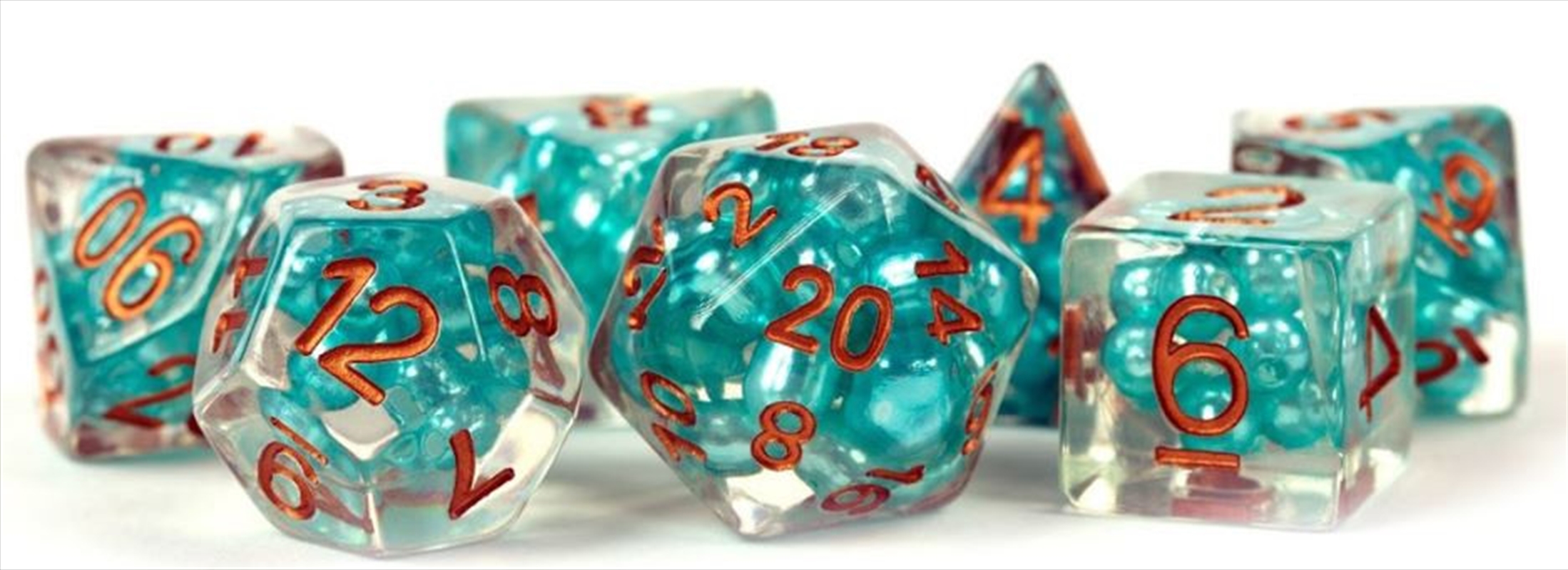 MDG 16mm Resin Polyhedral Dice Set: Pearl Teal w/ Copper Numbers/Product Detail/Dice Games