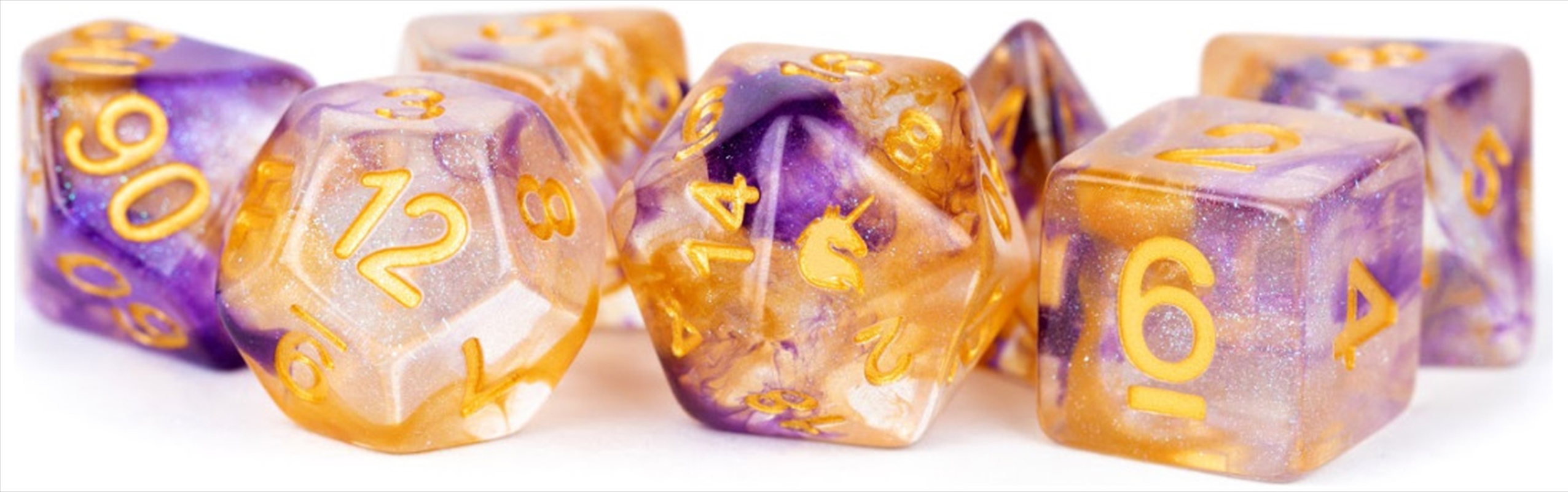 MDG 16mm Resin Polyhedral Dice Set: Unicorn Royal Sunset/Product Detail/Dice Games