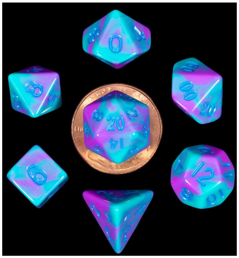 MDG 10mm Mini Polyhedral Dice Set: Purple/Teal w/ Blue Numbers/Product Detail/Dice Games