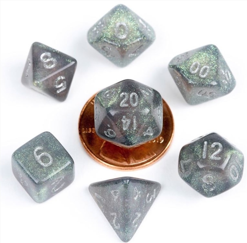 MDG 10mm Mini Polyhedral Dice Set: Stardust Gray w/ Silver Numbers/Product Detail/Dice Games