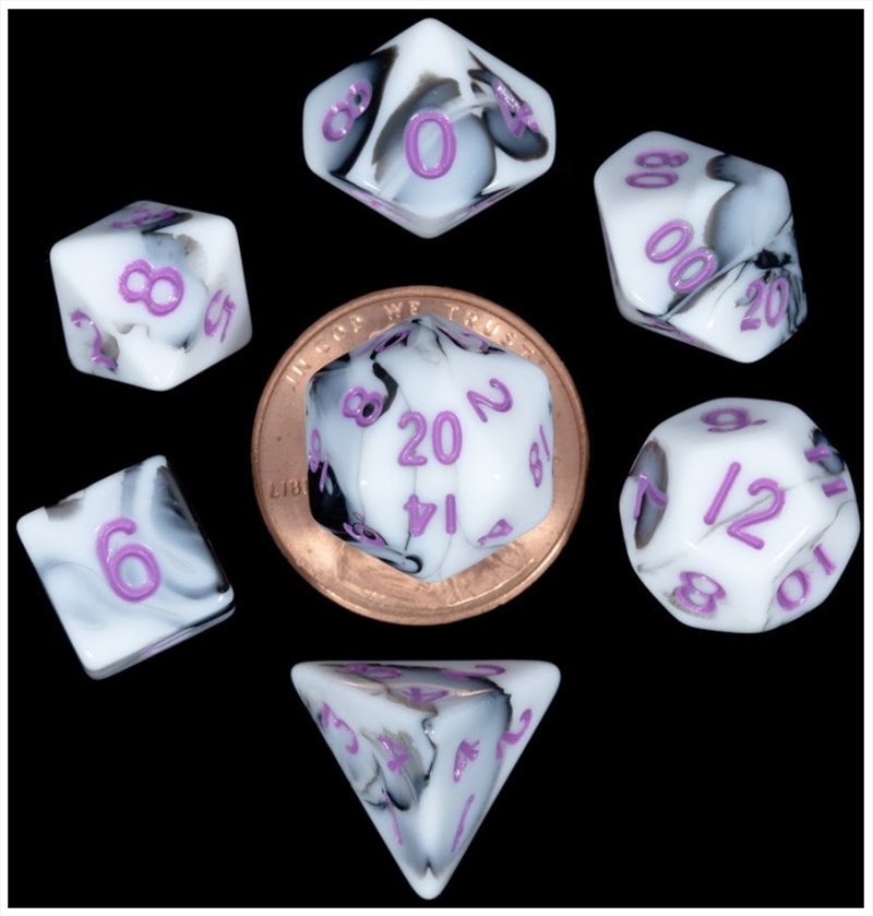 MDG 10mm Mini Polyhedral Dice Set: Marble w/ Purple Numbers/Product Detail/Dice Games