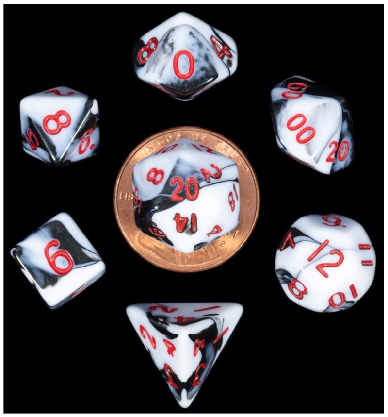 MDG 10mm Mini Polyhedral Dice Set: Marble w/ Red Numbers/Product Detail/Dice Games