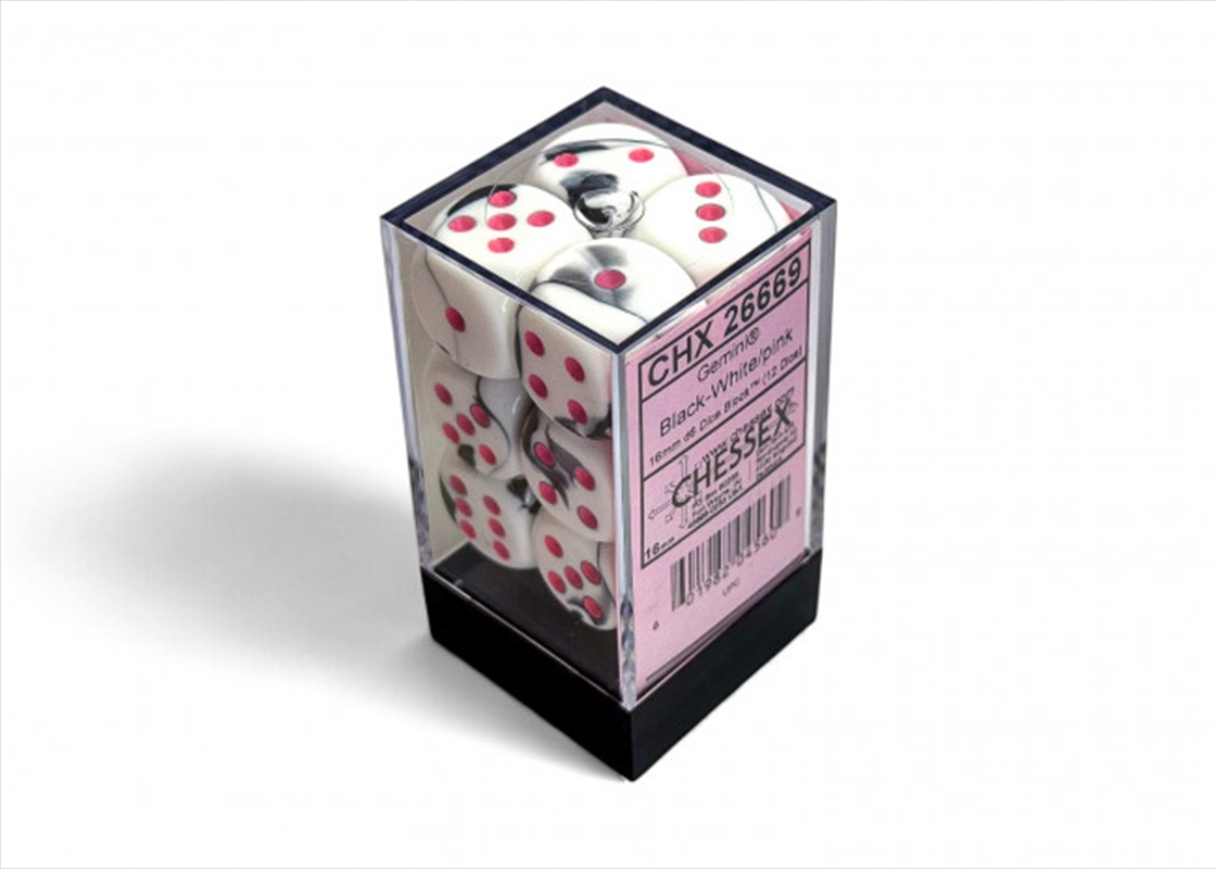 Chessex Gemini 16mm D6 Black-White/Pink Dice Block (12 Dice)/Product Detail/Dice Games