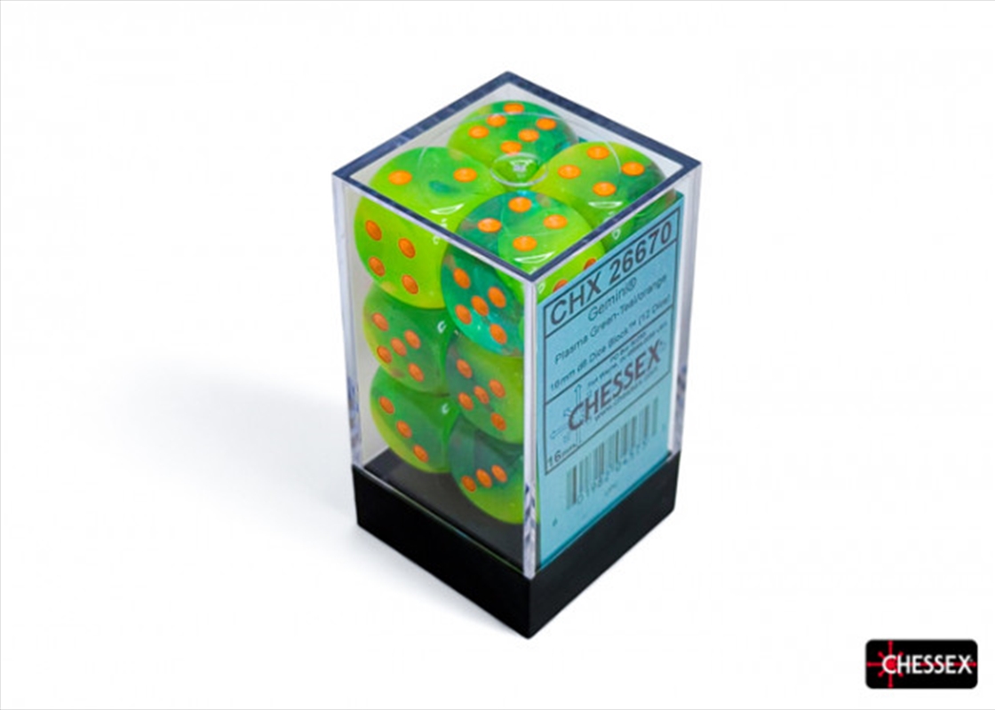 Chessex Gemini 16mm D6 Plasma Green-Teal/Orange Luminary Dice Block (12 Dice)/Product Detail/Dice Games