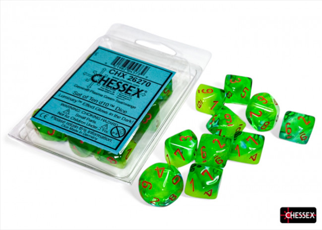 Chessex Gemini Plasma Green-Teal/Orange Luminary Set Of Ten D10s/Product Detail/Dice Games