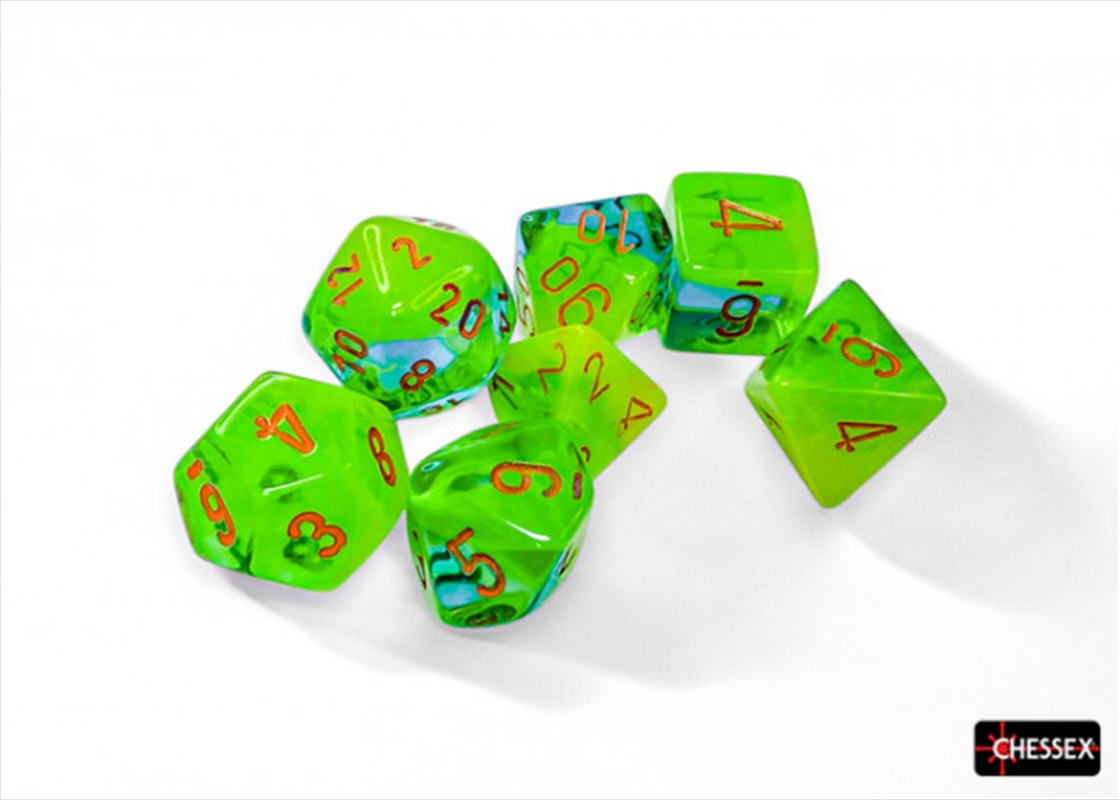 Chessex Gemini Polyhedral Plasma Green-Teal/Orange Luminary 7-Die Set/Product Detail/Dice Games