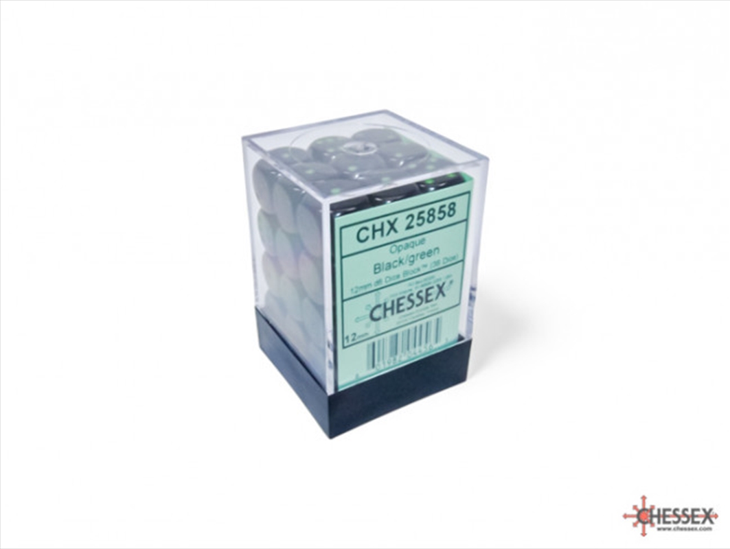 Chessex Opaque 12mm D6 Black/green Dice Block (36 dice)/Product Detail/Dice Games