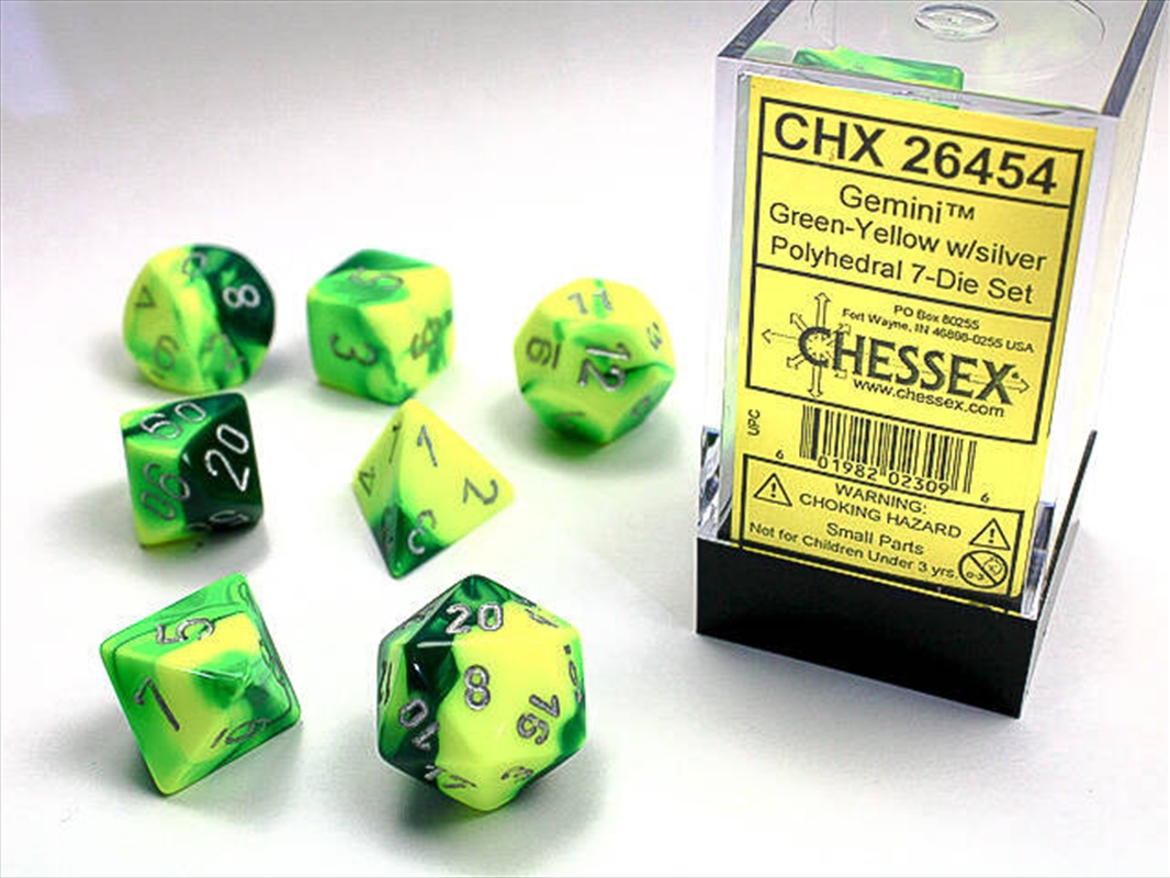 Chessex Polyhedral 7-Die Set Gemini Green-Yelllow/White/Product Detail/Dice Games
