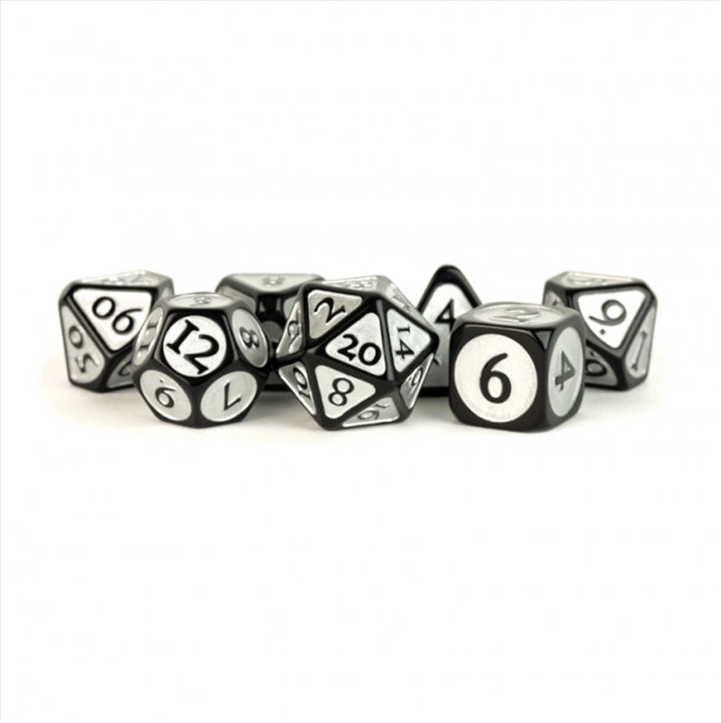 MDG 16mm Acrylic Polyhedral Dice Set: Black w/ Silver Enamel/Product Detail/Dice Games
