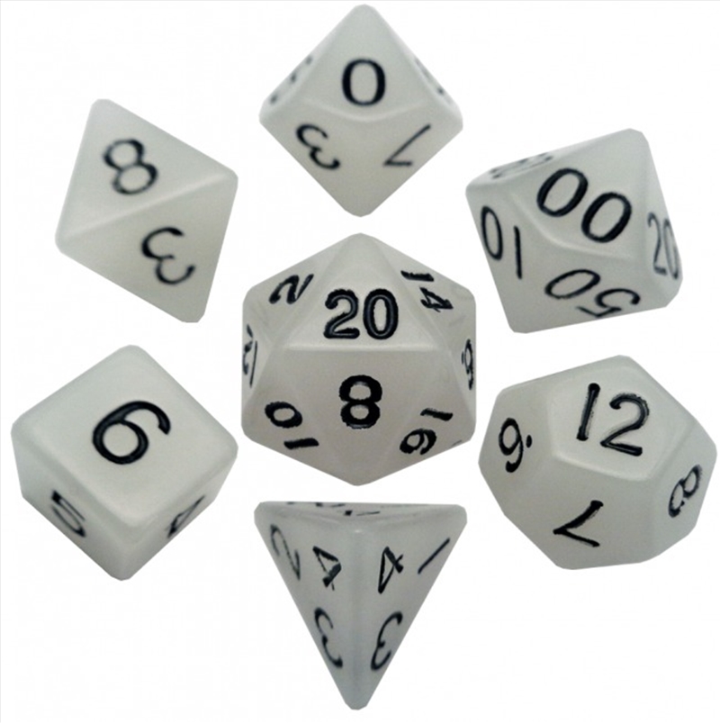 MDG 16mm Acrylic Polyhedral Dice Set: Glow in the Dark Clear/Product Detail/Dice Games