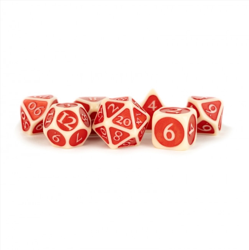 MDG 16mm Acrylic Polyhedral Dice Set: Ivory w/ Red Enamel/Product Detail/Dice Games
