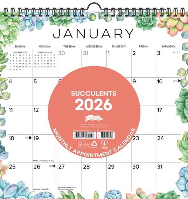 Succulents 2026 12 X 12 Spiral Wall Calendar/Product Detail/Calendars & Diaries