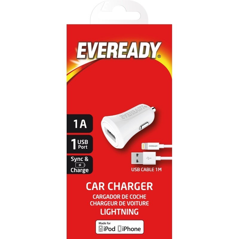 Eveready Car Charger 1A with iPhone (Lightning) Cable White/Product Detail/Consoles & Accessories