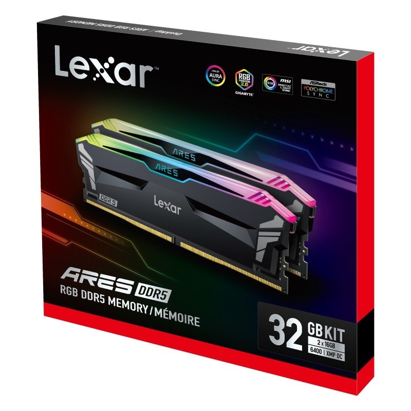 Lexar RAM ARES DDR5 RGB 6400 OC Desktop Memory Capacity: 32GB Kit (16GBx2) Colour: Black/Product Detail/Electronics