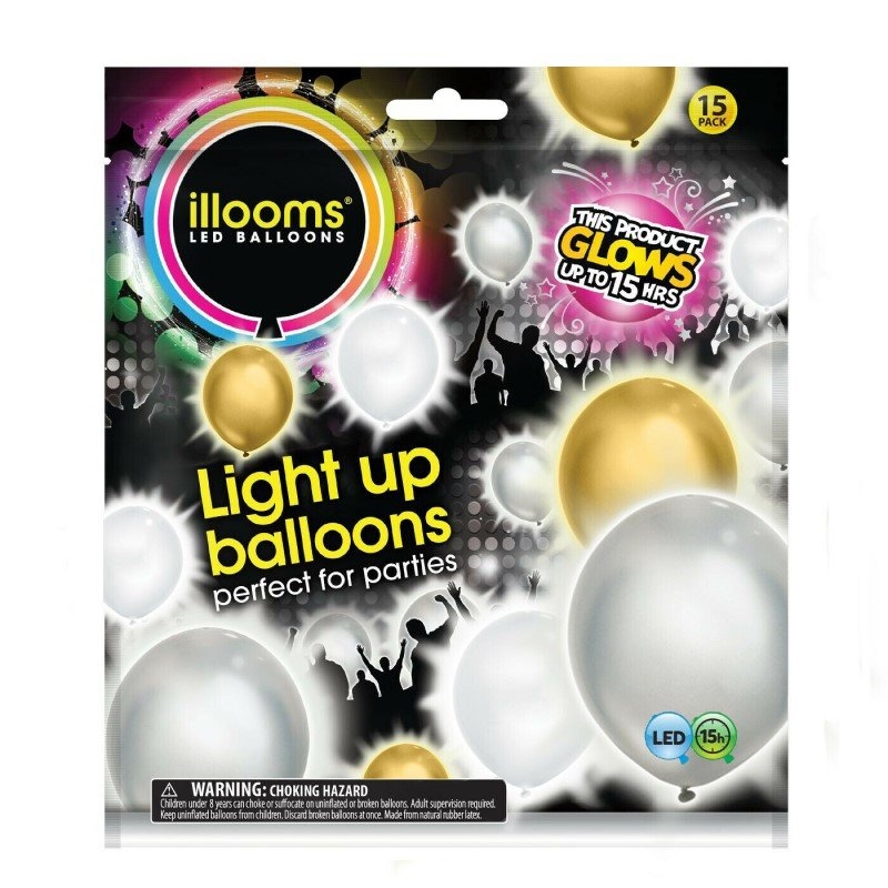 illooms Light-Up LED Balloon 15 Pack Design: Gold/Silver/White/Product Detail/Party