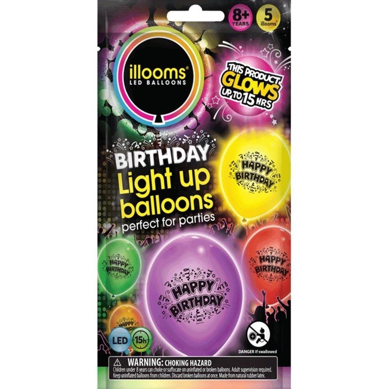 illooms Light-Up LED Balloon 5 Pack Design: Happy Birthday/Product Detail/Party