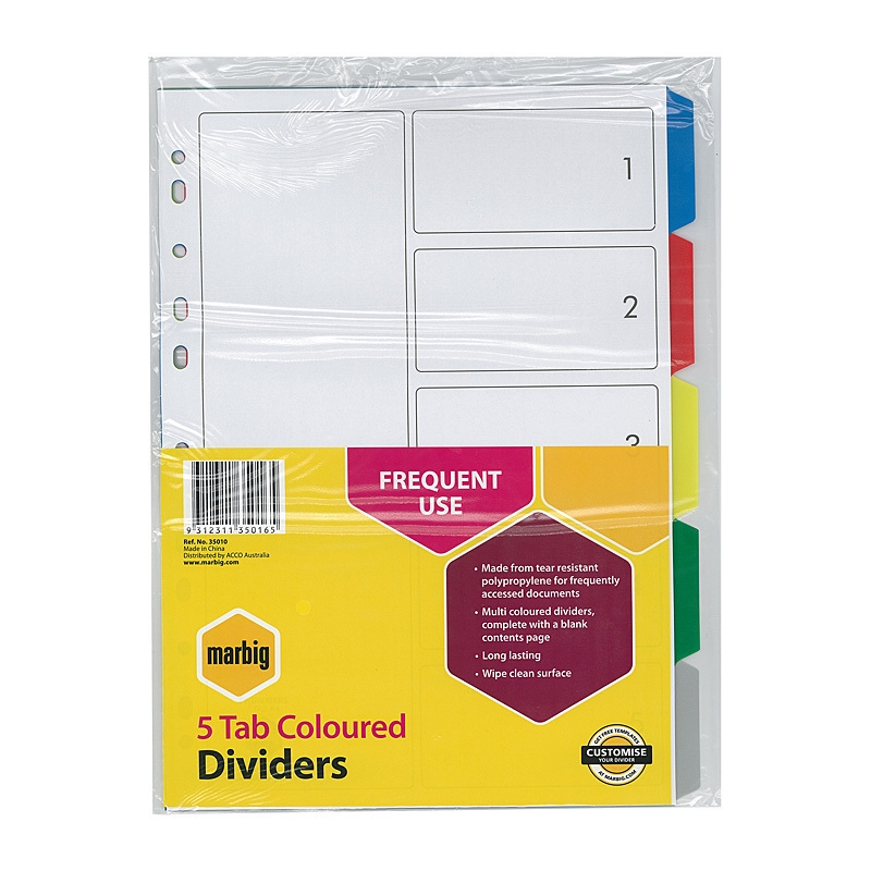 Marbig Indices & Dividers 5 Tab Pp A4 Multi Colour/Product Detail/Stationery