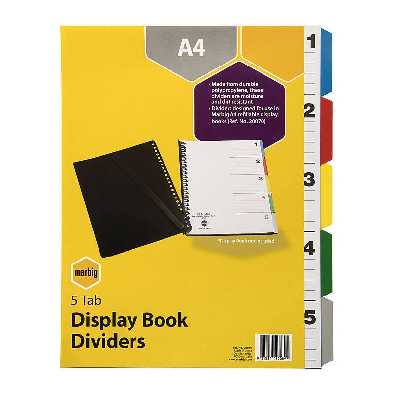 Marbig D/Book Indices & Dividers 5 Tab PP A4 Multi/Product Detail/Stationery