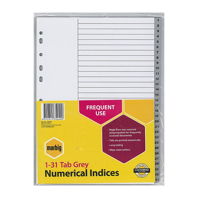 Marbig Indices & Dividers 1-31 Tab Pp A4 Grey/Product Detail/Stationery