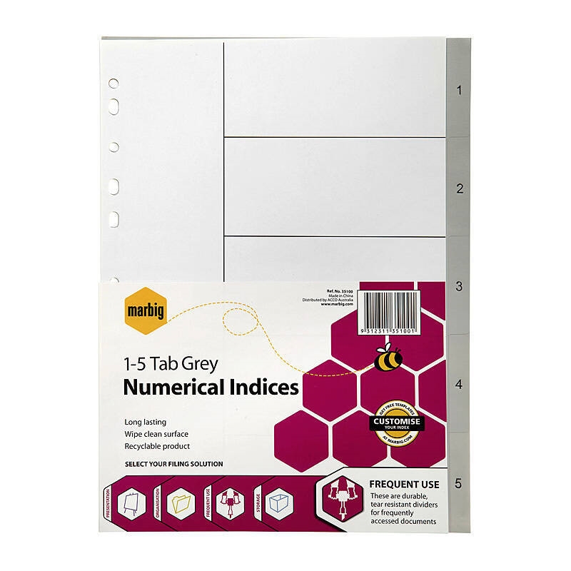 Marbig Indices & Dividers 1-5 Tab Pp A4 Grey/Product Detail/Stationery