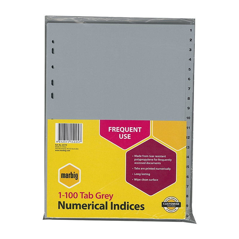 Marbig Indices & Dividers 1-100 Tab Pp A4 Grey/Product Detail/Stationery