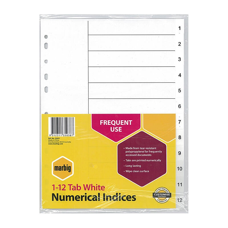 Marbig Indices & Dividers 1-12 Tab Pp A4 White/Product Detail/Stationery