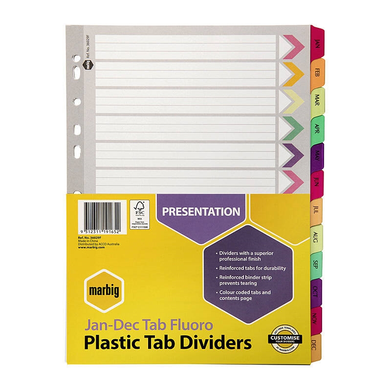 Marbig Indices & Divider Jan-Dec Tab Reinf A4 Fluo/Product Detail/Stationery