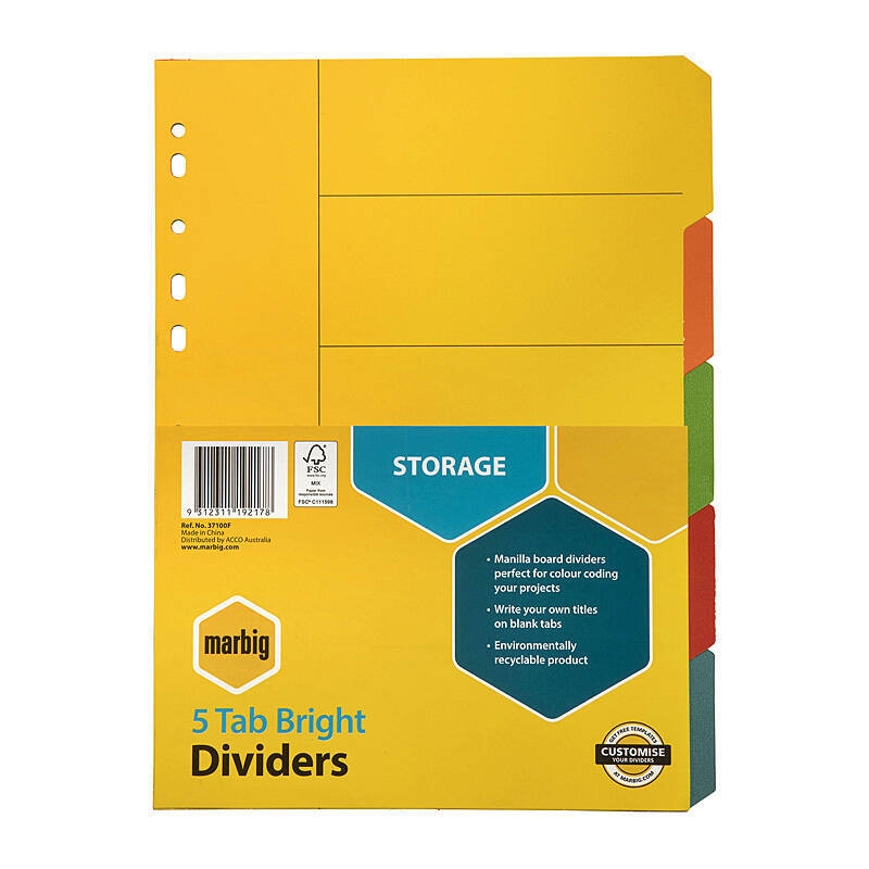 Marbig Indices & Dividers 5 Tab Manilla A4 Brights/Product Detail/Stationery