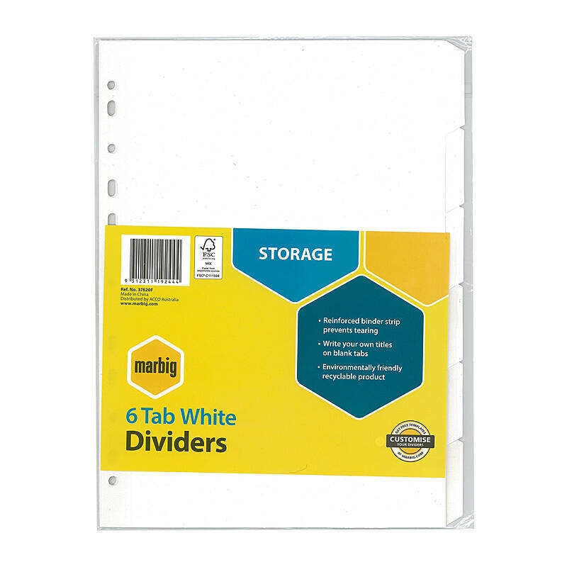 Marbig Indices & Dividers 6 Tab Manilla A4 White/Product Detail/Stationery