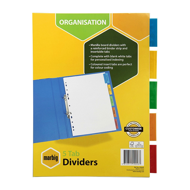 Marbig Indices & Divider 5 Insert Tab Manil A4 Col/Product Detail/Stationery