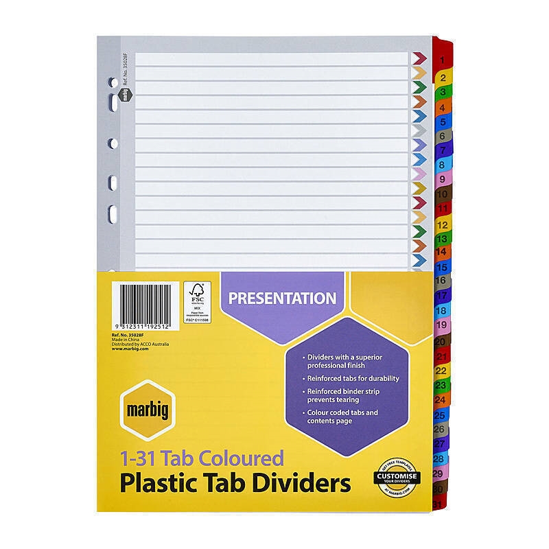 Marbig Indices & Dividers 1-31 Tab Reinf A4 Colour/Product Detail/Stationery