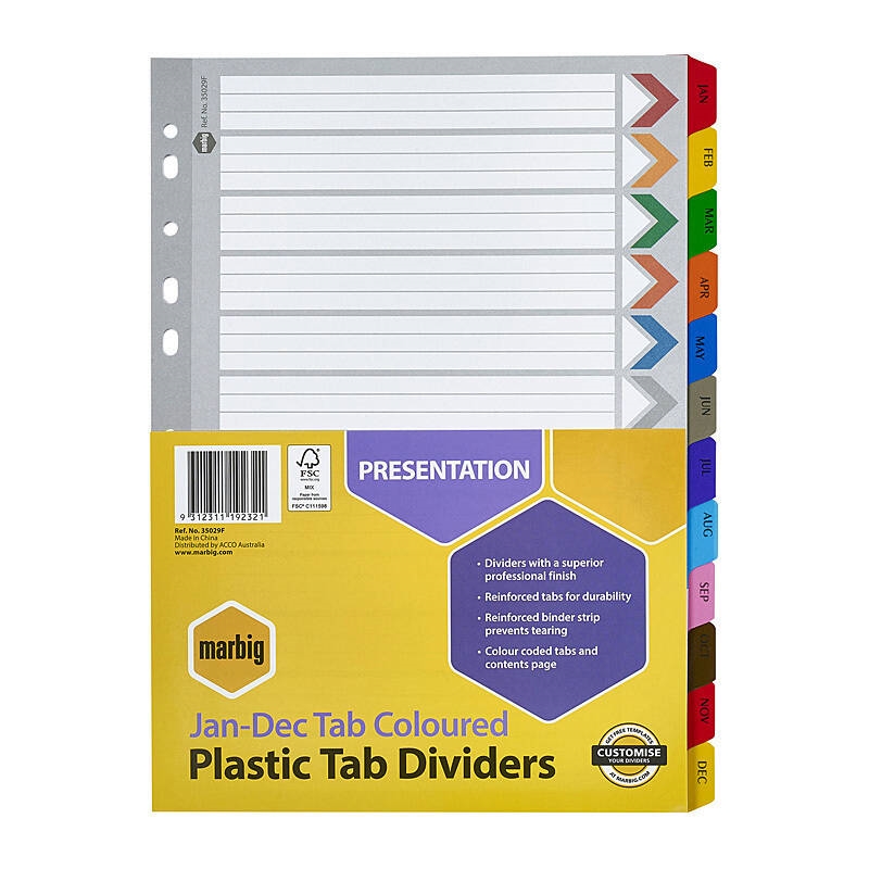 Marbig Indices & Dividers Jan-Dec Tab Reinf A4 Col/Product Detail/Stationery