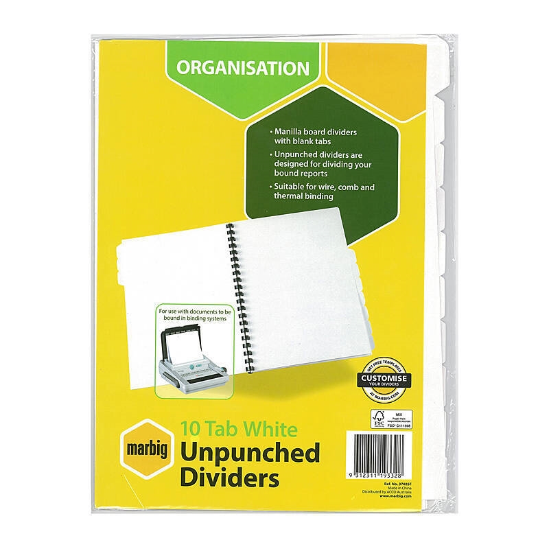 Marbig Indices & Divider 10 Tab Manil A4 Unpunched/Product Detail/Stationery