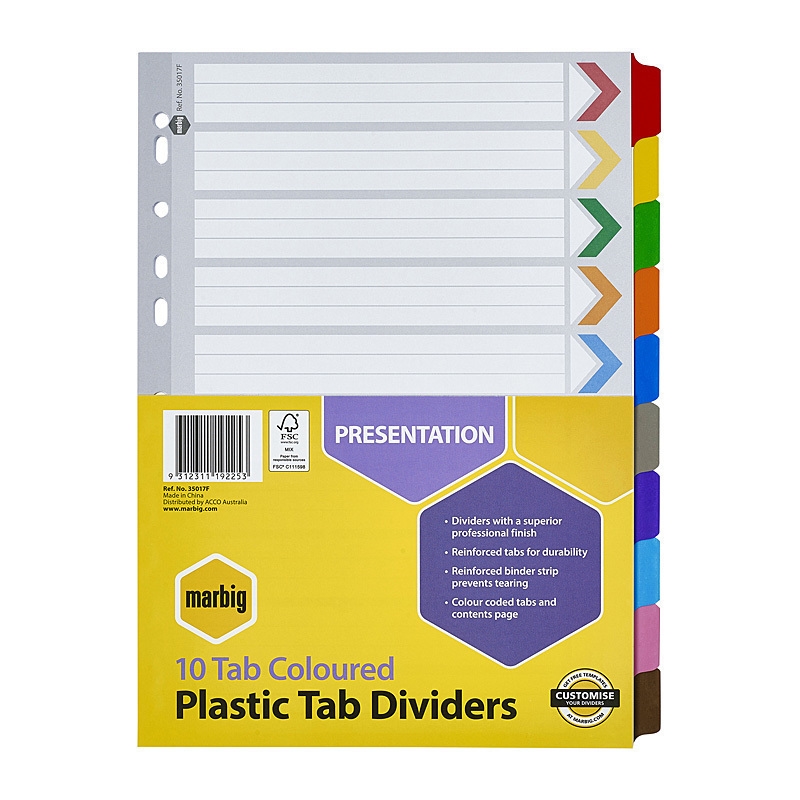 Marbig Indices & Dividers 10 Tab Reinf A4 Colour/Product Detail/Stationery