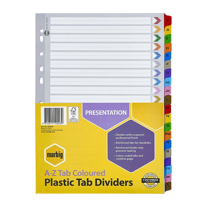Marbig Indices & Dividers A-Z Tab Reinf A4 Colour/Product Detail/Stationery