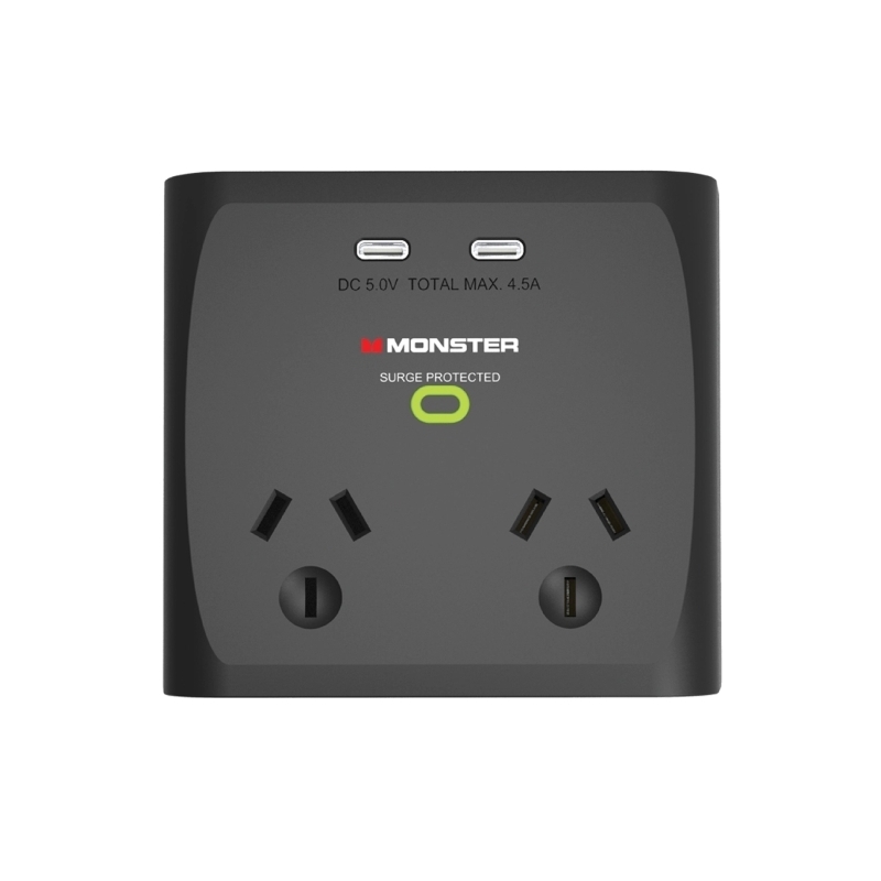 Monster Dual Socket Surge Protector with Dual USB-C Ports - Black/Product Detail/Electronics